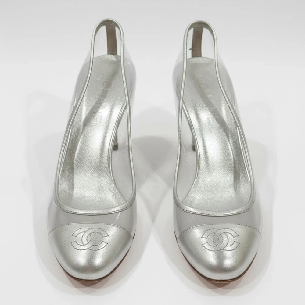Vintage Chanel Silver Cap Toe Leather and PVC Pumps
